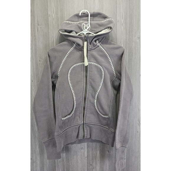 lululemon athletica Sweaters - Lululemon Special Edition Scuba Hoodie Purple/Gray Embroidered Ivory Trim Size 4
